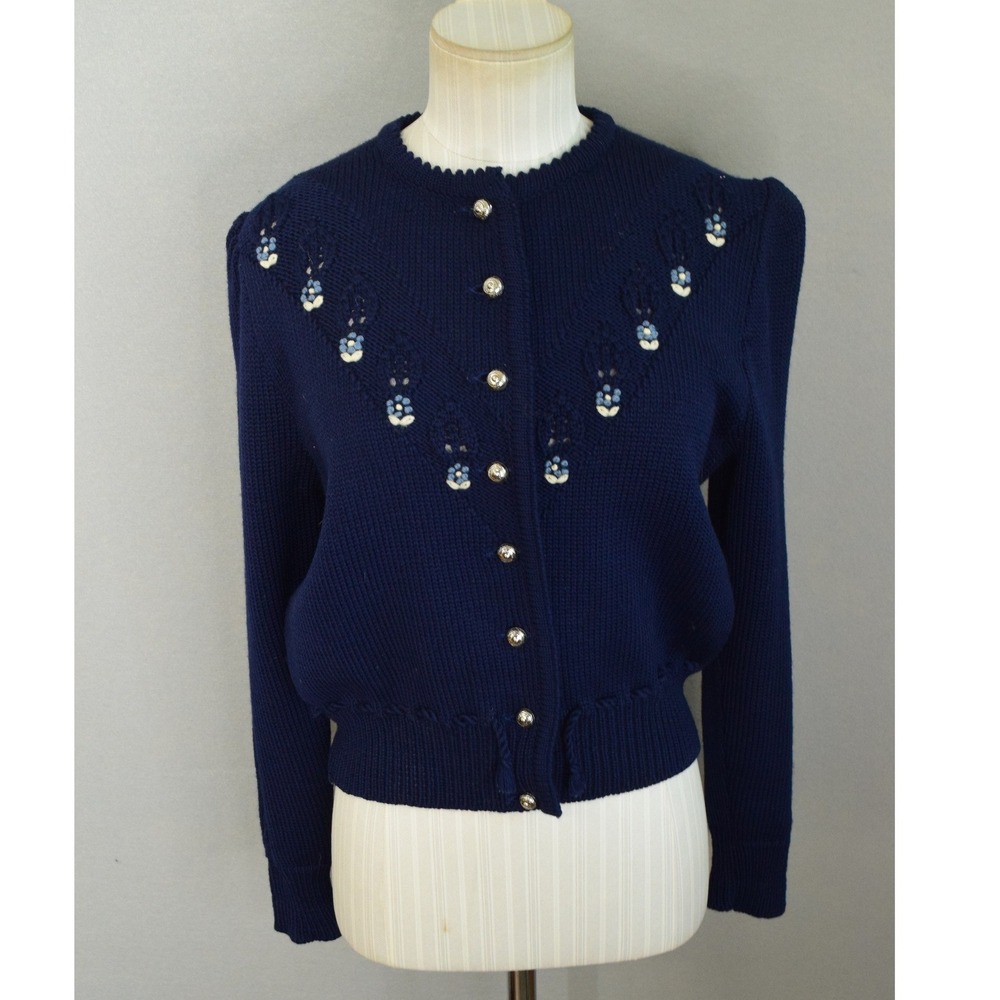 Giesswein Cardigan 42 Navy Blue Floral Wool Tyrolean Vtg Grandmacore Button